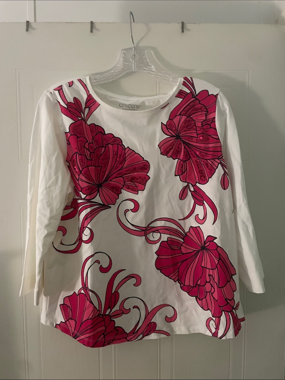 Chico's White Long Sleeve Top with Pink Floral Design